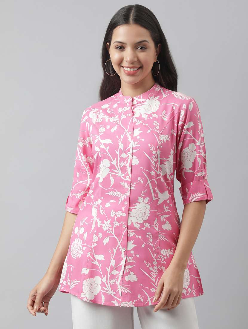 pink printed mandarin neck a line tunic