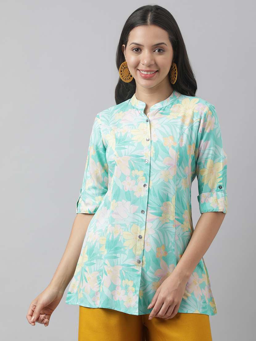 turquoise printed mandarin neck a-line tunic