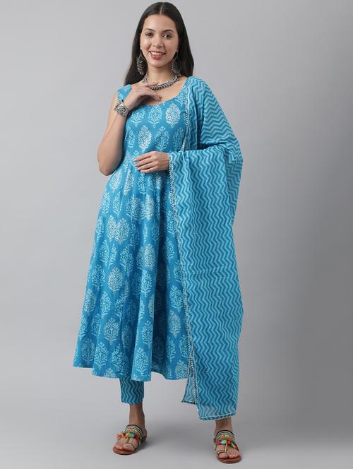 women turquoise sleeveless kurta pant with dupatta set - 19578449 - Standard Image - 0