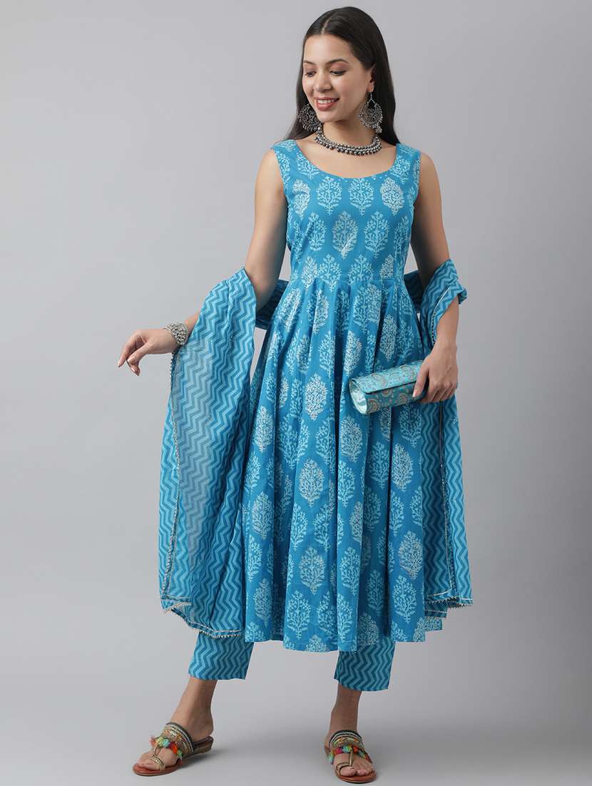 Women Turquoise Sleeveless Kurta Pant With Dupatta Set