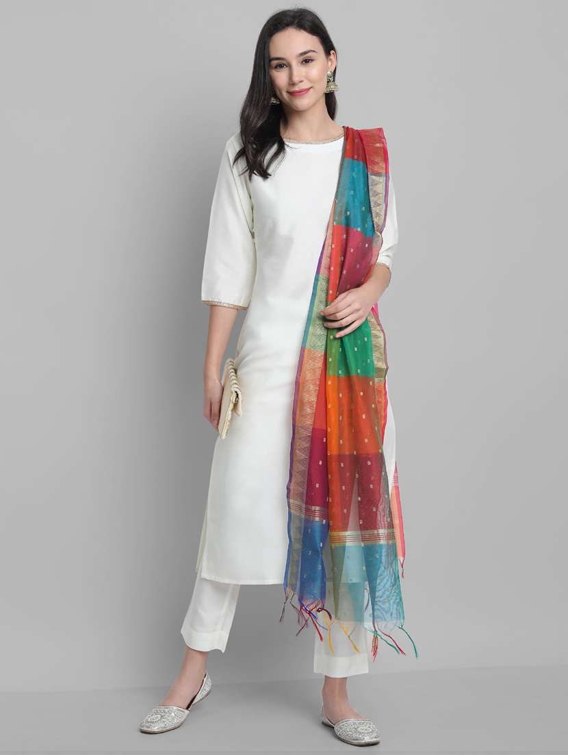 women three quarter sleeve kurta pant with dupatta set