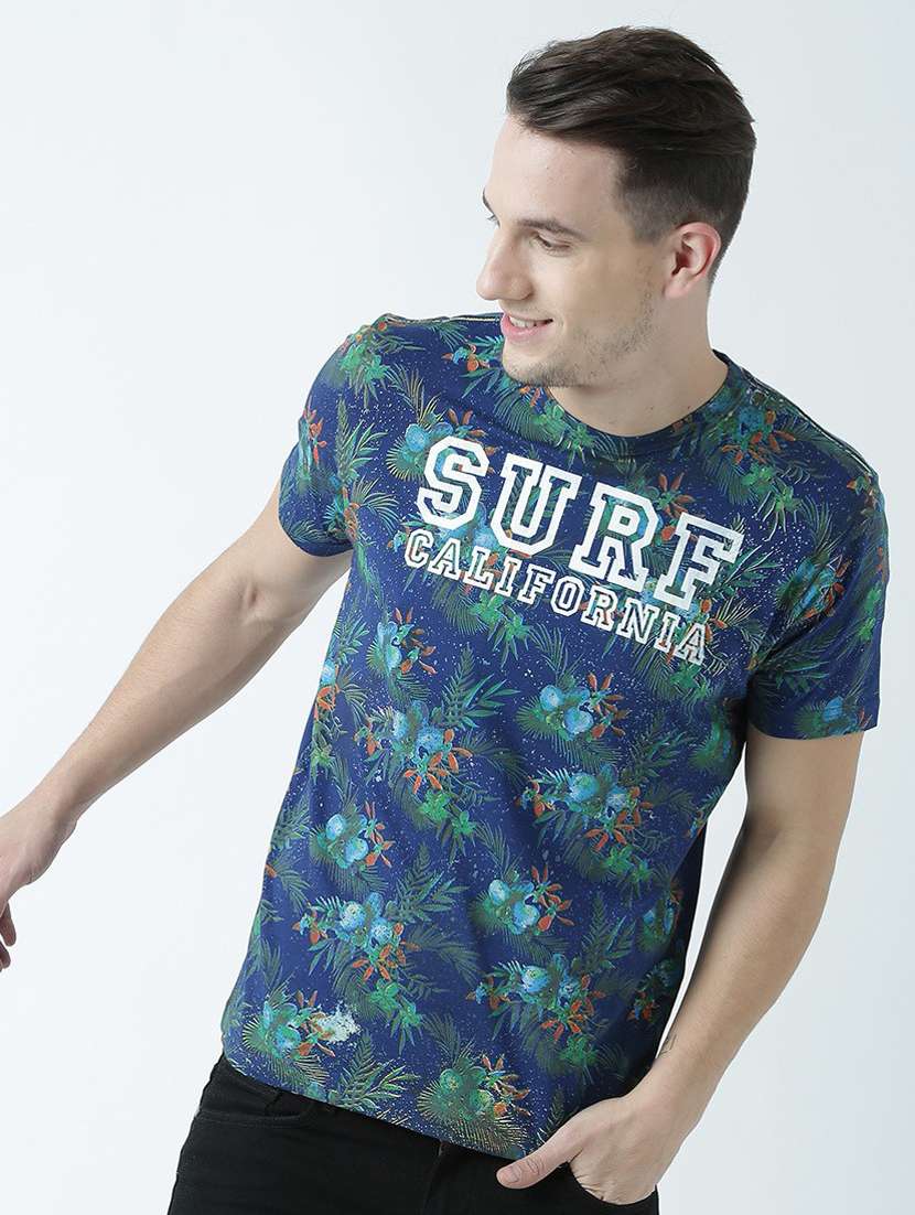 blue printed cotton blend regular t-shirt