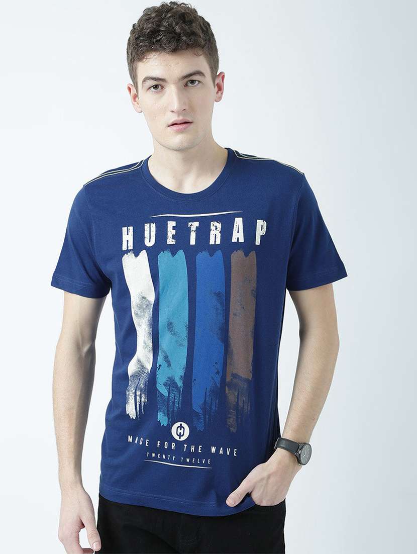 blue printed cotton blend regular t-shirt