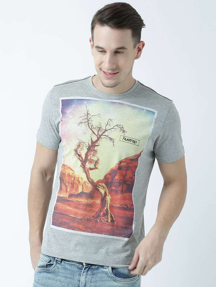 grey printed cotton blend regular t-shirt