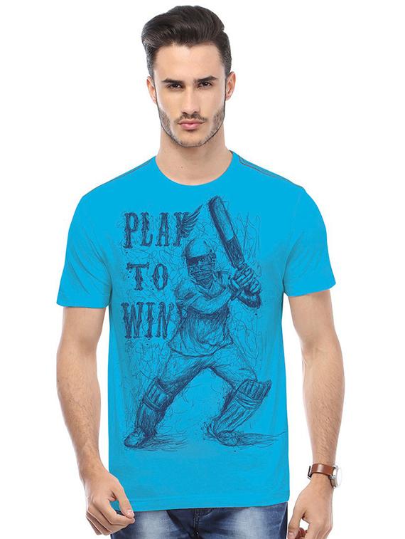 blue printed cotton blend regular t-shirt