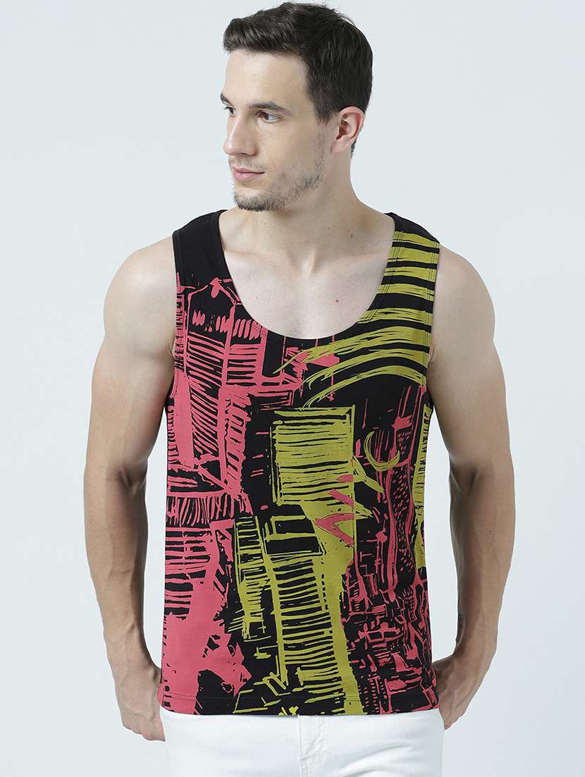 men scoop neck front print sleeveless t-shirt