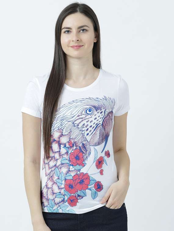 white printed round neck t-shirt