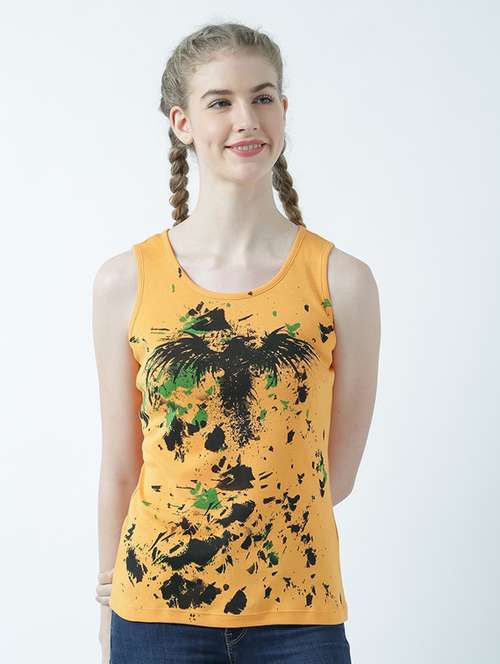 orange printed round neck t-shirt - 19582853 - Standard Image - 0