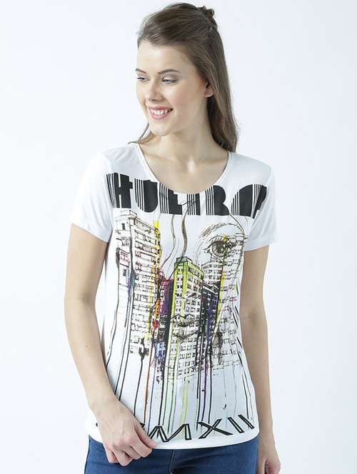 white printed round neck t-shirt - 19582885 - Standard Image - 0