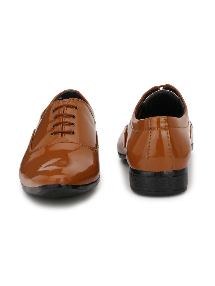 Tan Patent Leather Laceup Oxfords