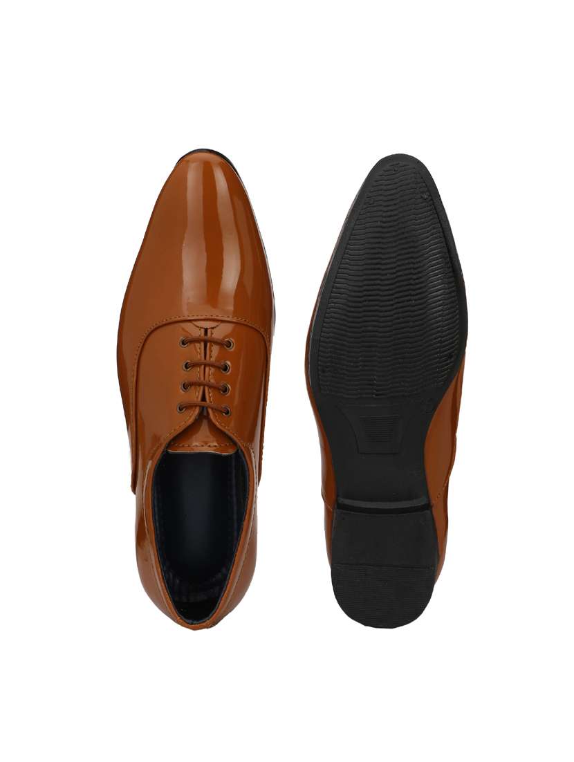 Tan Patent Leather Laceup Oxfords