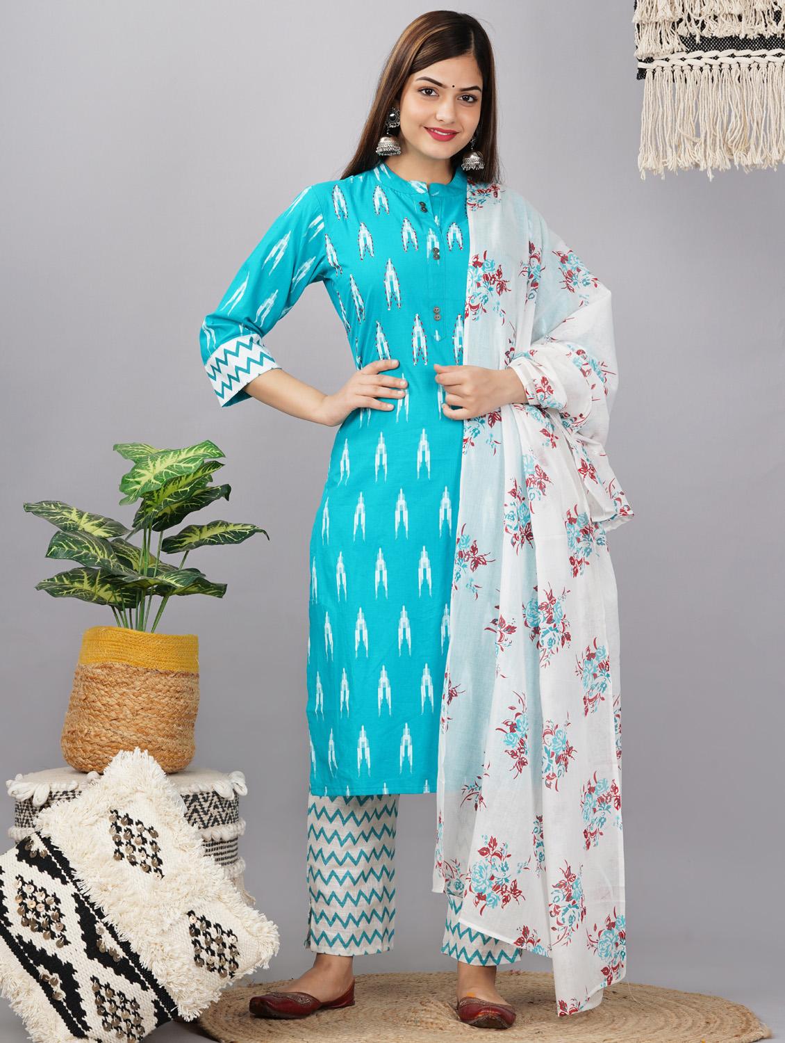 blue colored mandarin collar kurta set - 19586806 - Standard Image - 2
