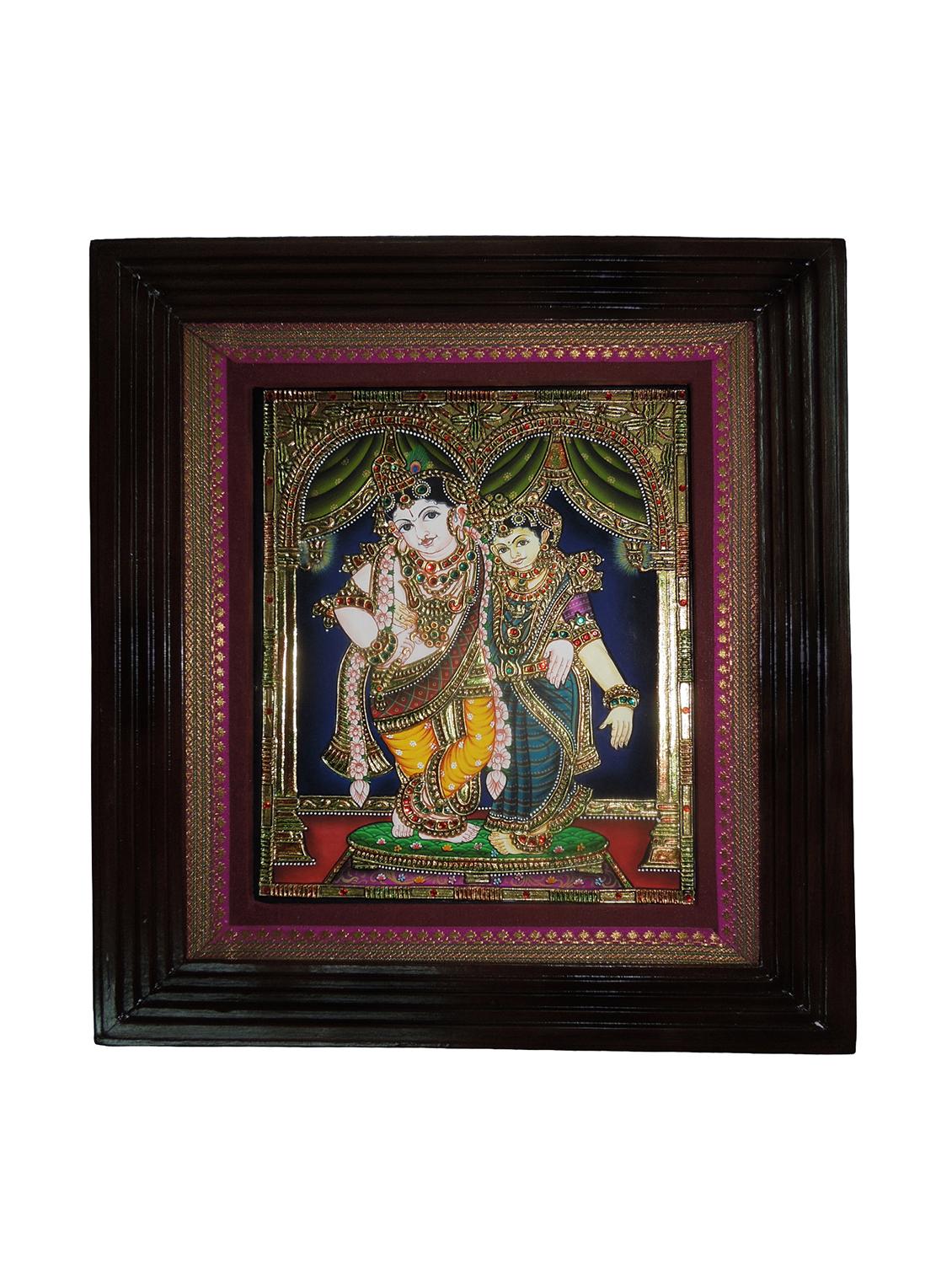 radha krishna tanjore painting, wall painting with frame, original gold foil artwork for living room (12 x 14 inches) - 19590516 - Zoom Image - 0