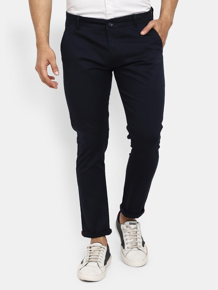 navy blue solid chinos casual trouser