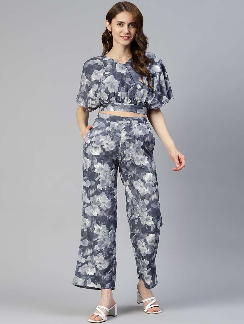 grey cotton blend top and palazzos set coord