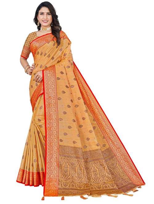 yellow floral print woven saree with blouse - 19596686 - Standard Image - 0