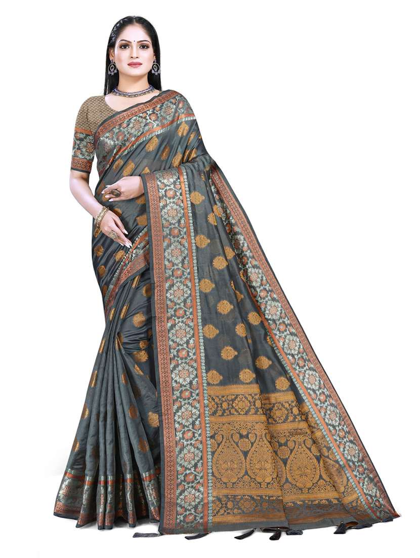 women's self design steel colored saree with blouse