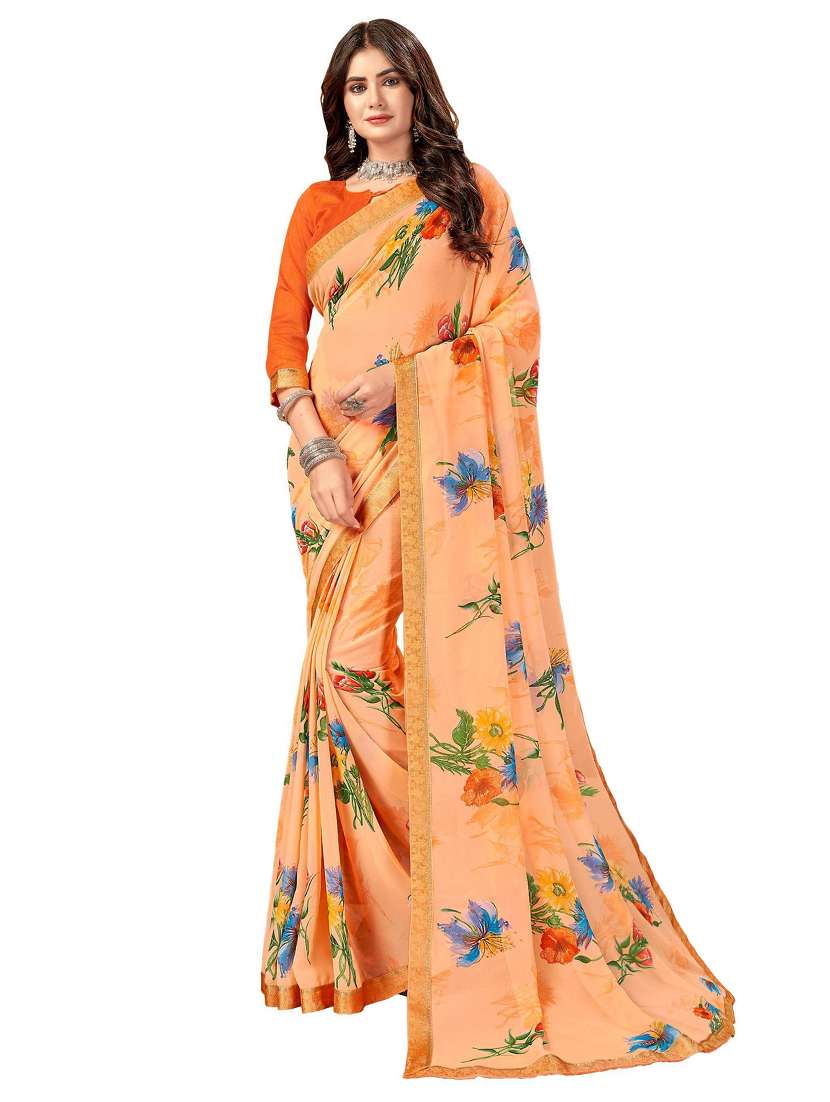 women's floral orange colored saree with blouse