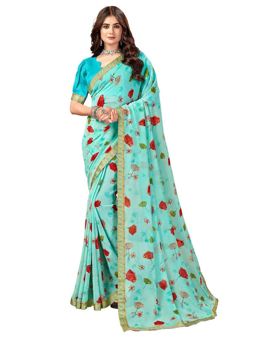 women's printed light blue colored saree with blouse