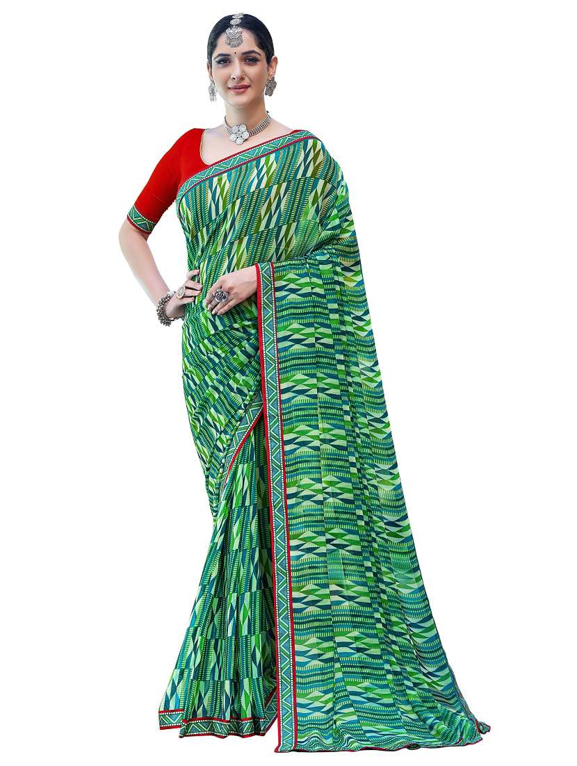 women's geometric green colored saree with blouse - 19596819 - Zoom Image - 0