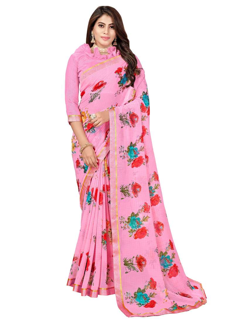women's floral pink colored saree with blouse
