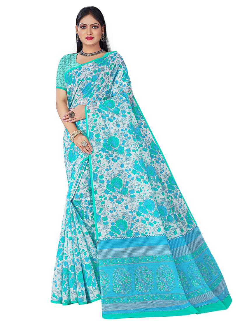 women's floral light blue colored saree with blouse