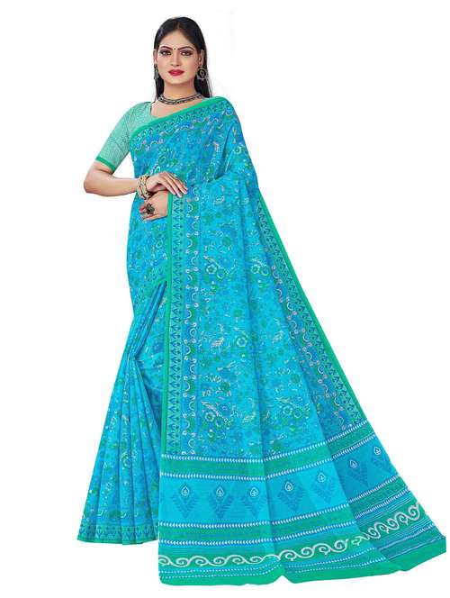 women's printed turquoise colored saree with blouse - 19596876 - Standard Image - 0