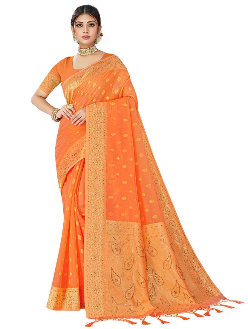 women's self design orange colored saree with blouse