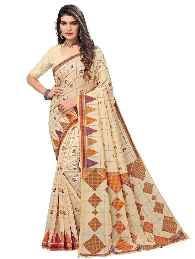 women's checks beige colored saree with blouse - 19596949 - Zoom Image - 0