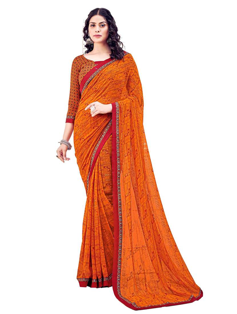 women's bordered orange colored saree with blouse