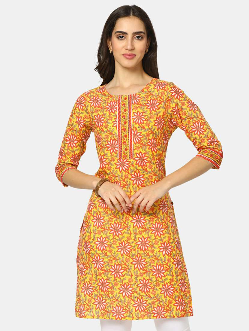women yellow floral printed straight kurta