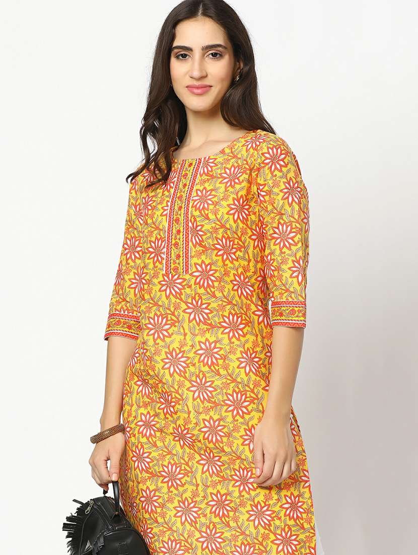 women yellow floral printed straight kurta - 19598152 -  Standard Image - 2