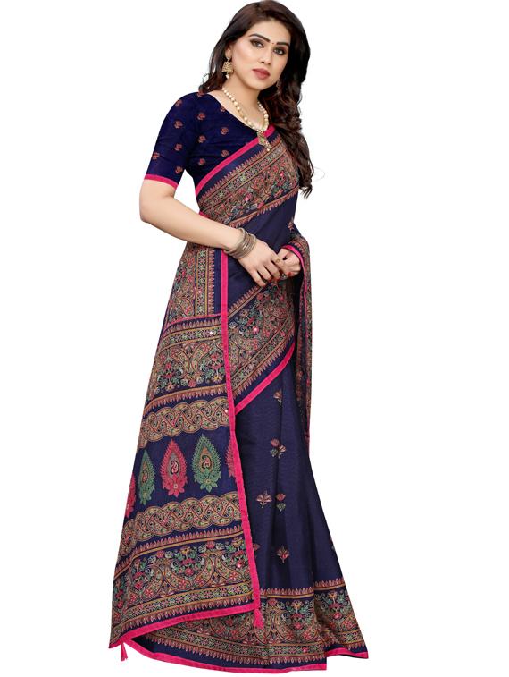 dark blue printed pochampalli saree with blouse - 19600518 - Standard Image - 2