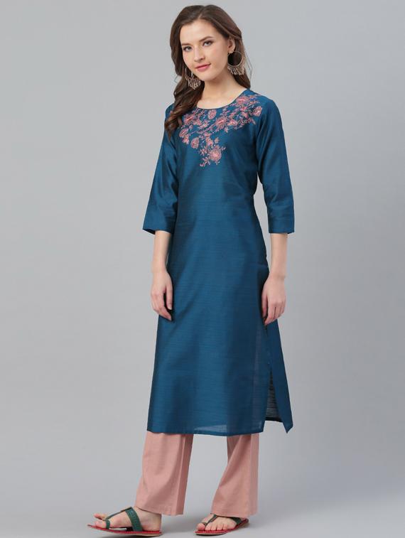 teal self design straight kurta - 19600905 - Standard Image - 2