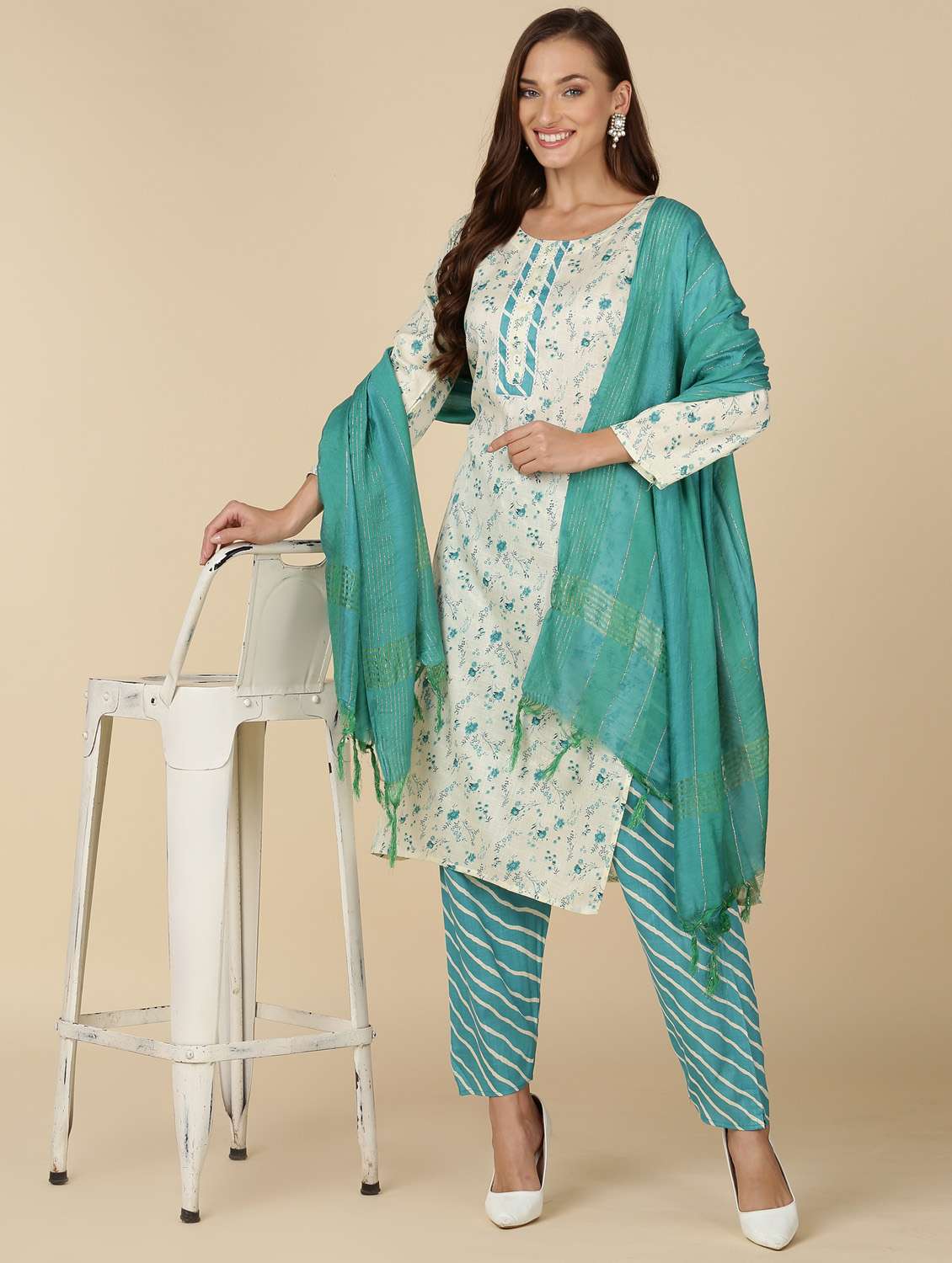 women three quarter sleeve kurta pant with dupatta set