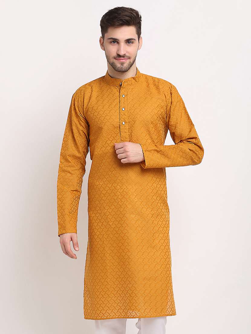 men solid with work mandarin neck long kurta