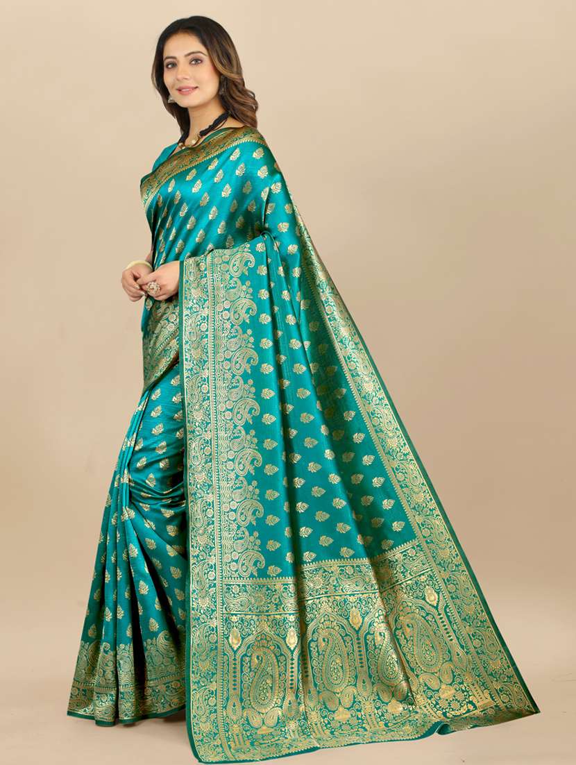 turquoise jacquard banarasi saree with blouse - 19608916 - Standard Image - 2
