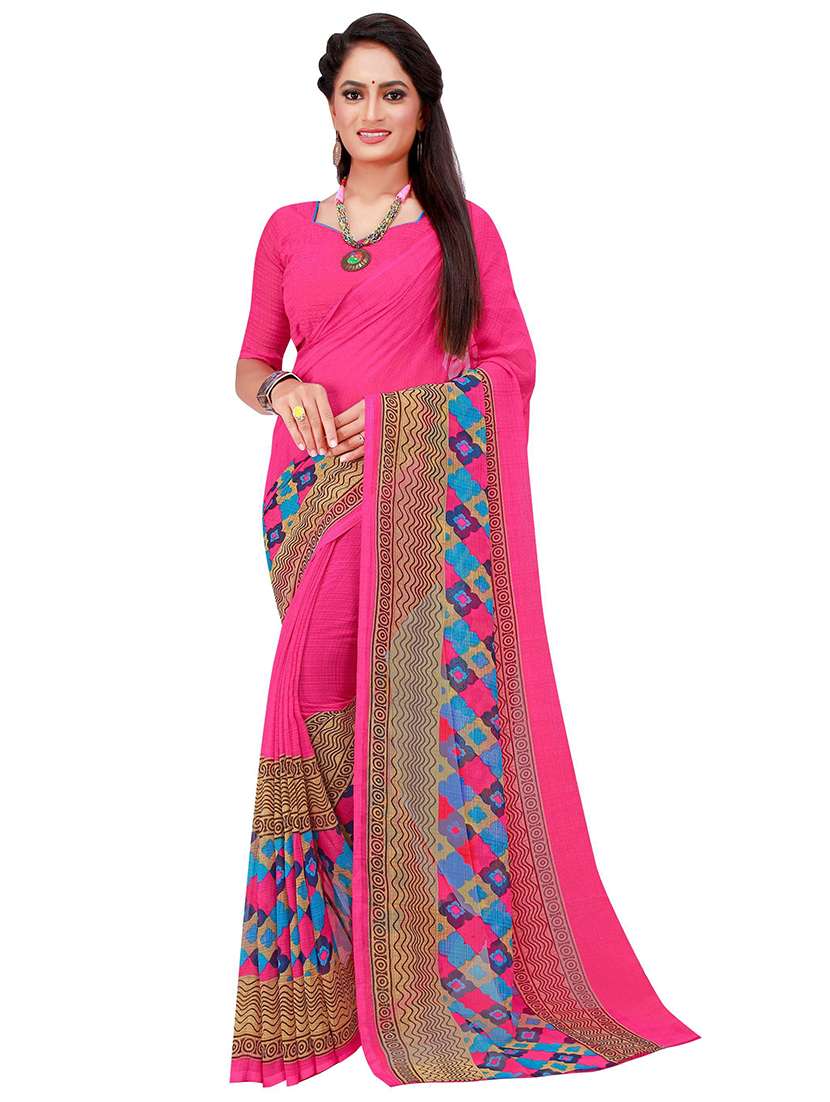 women's printed pink colored saree with blouse