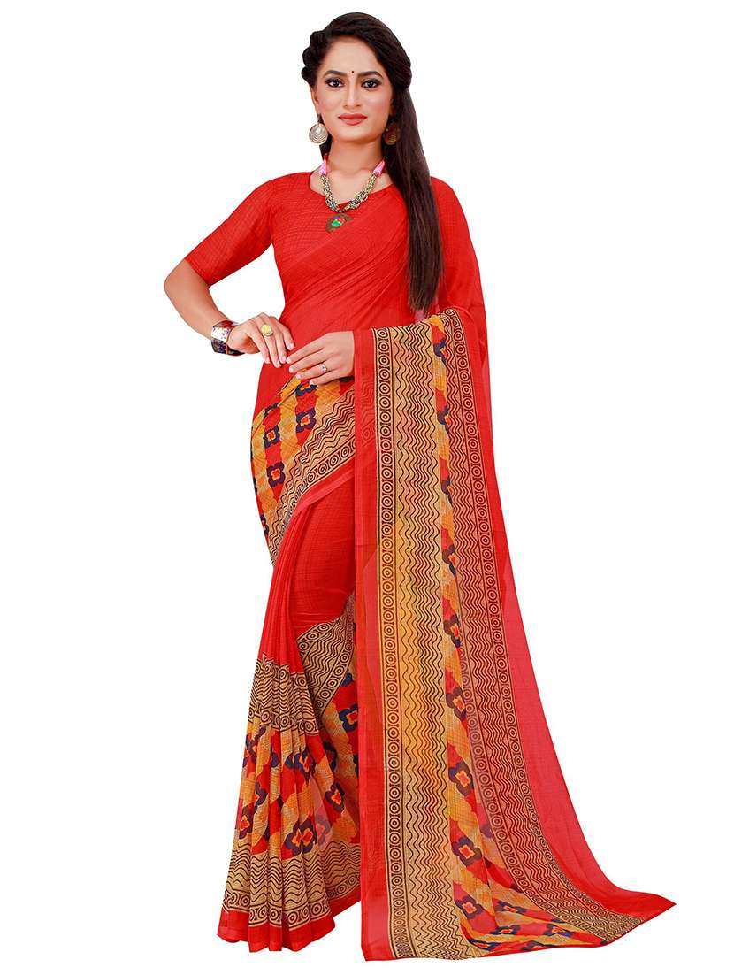 women's floral red colored saree with blouse