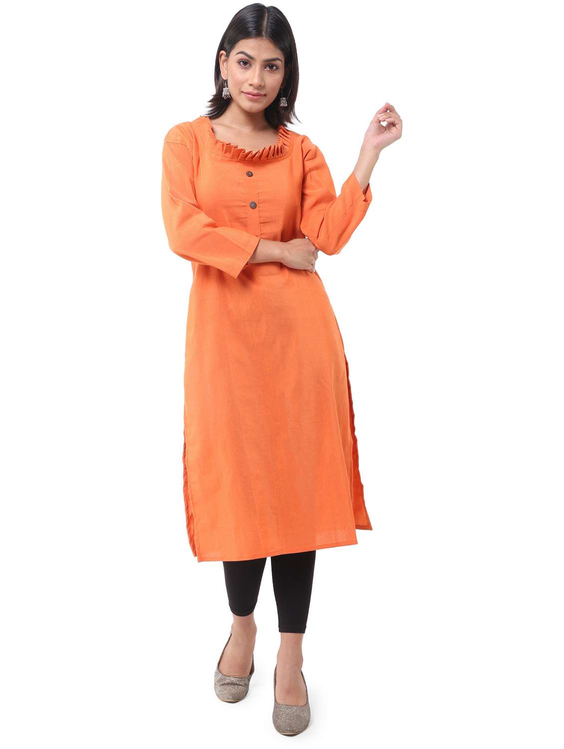 orange round neck solid straight kurta