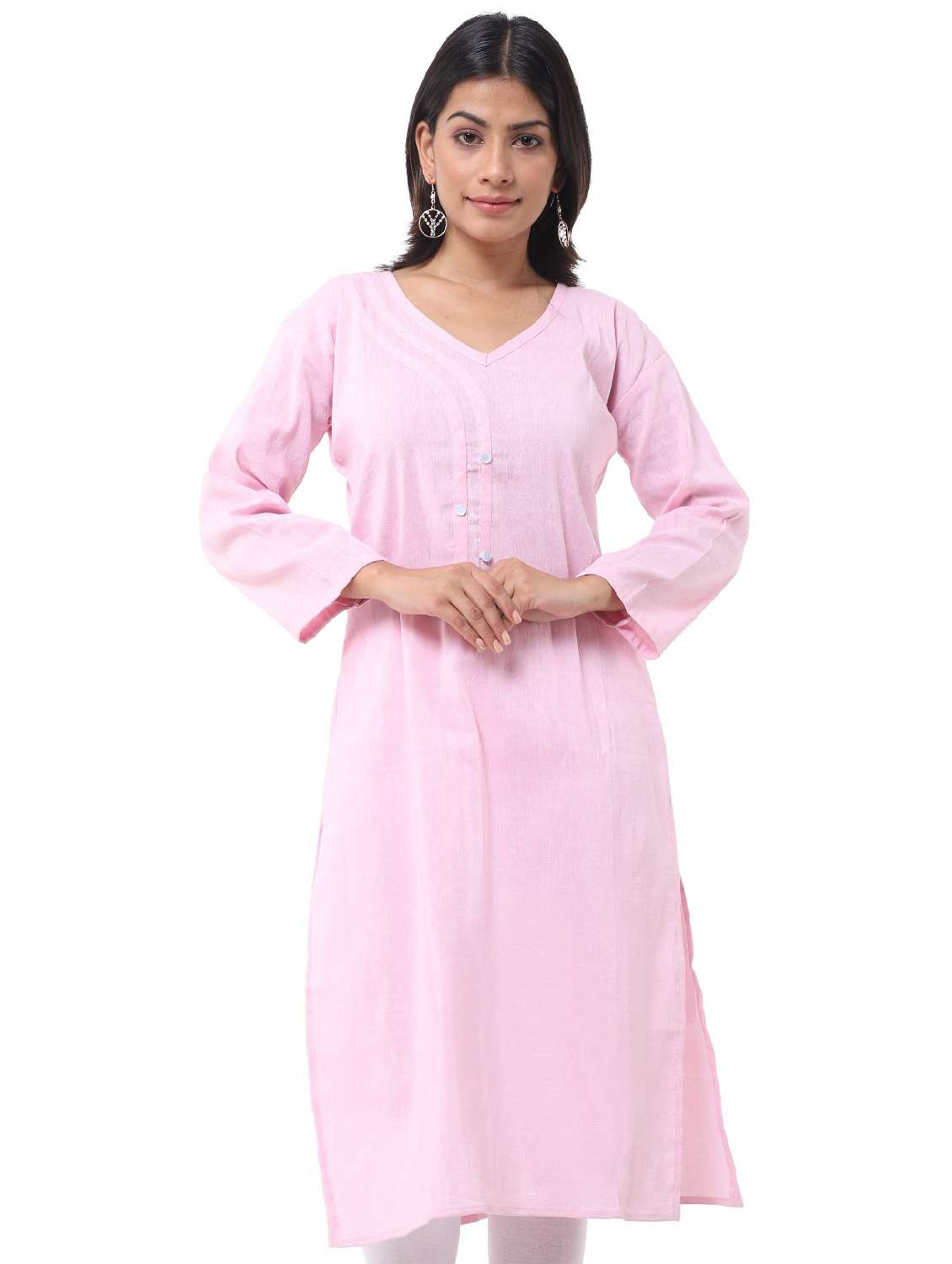women pink solid long sleeve straight kurta