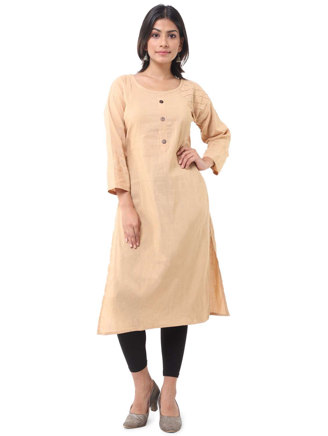 beige cotton blend straight kurta