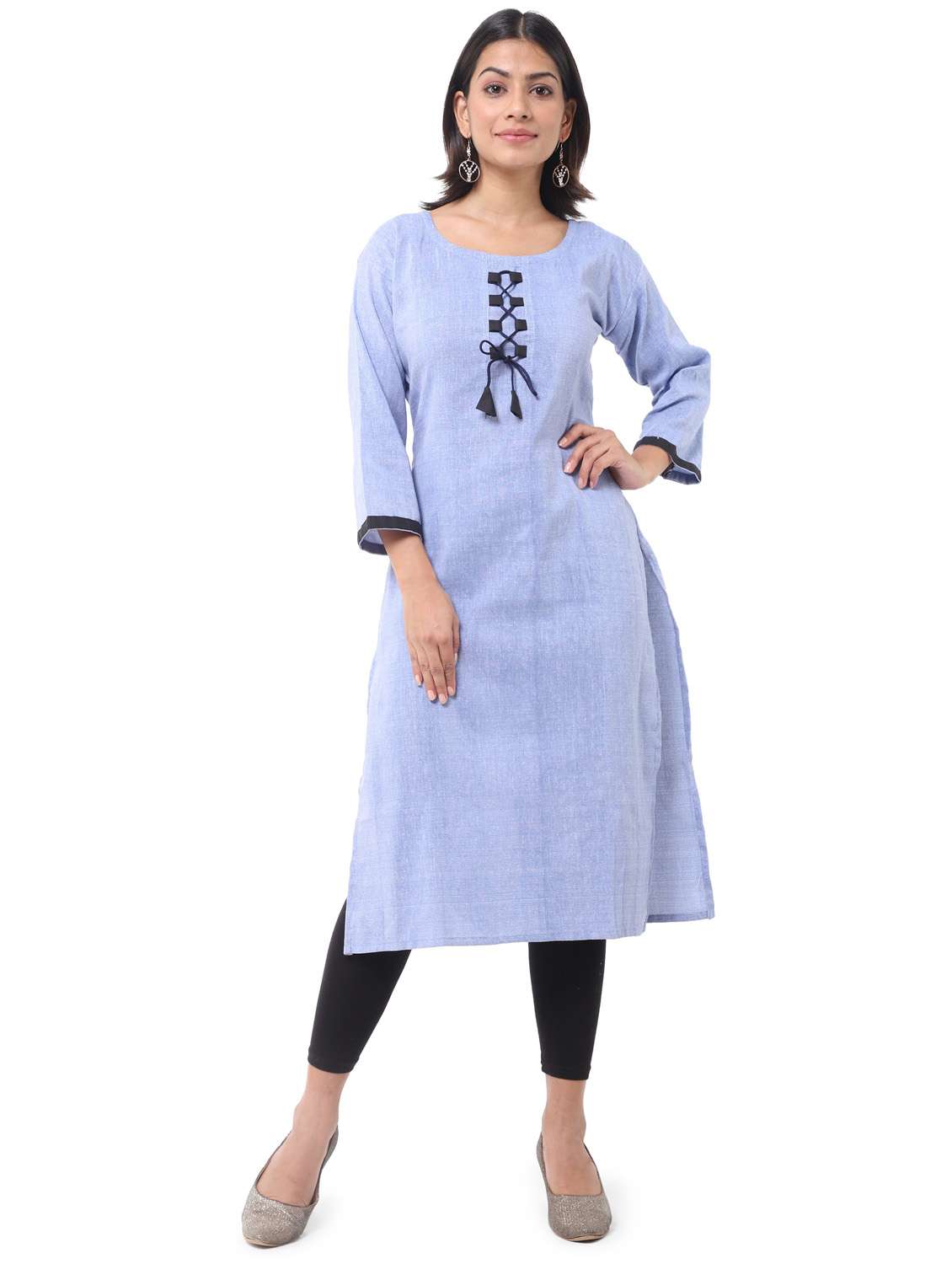 blue cotton blend self design kurta