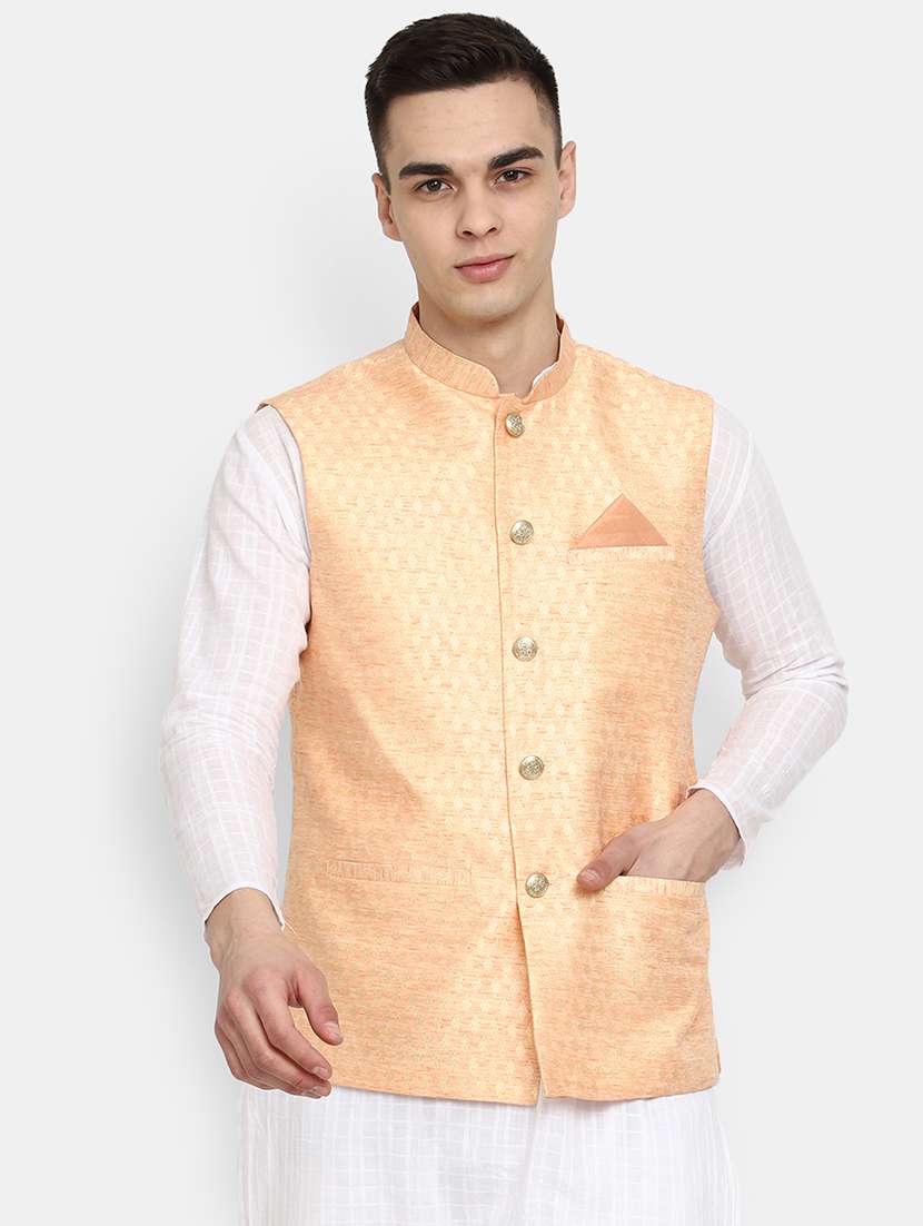 orange self design nehru jacket
