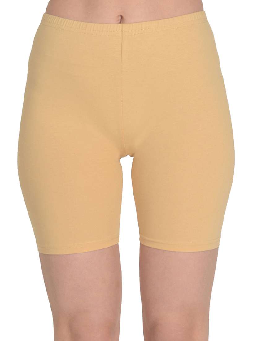 women beige solid cycling shorts