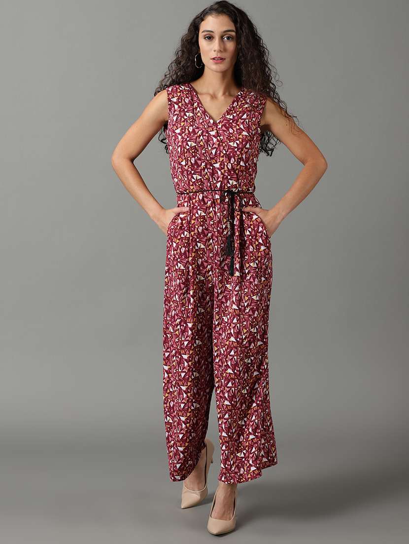 v neck printed full length jumpsuit
