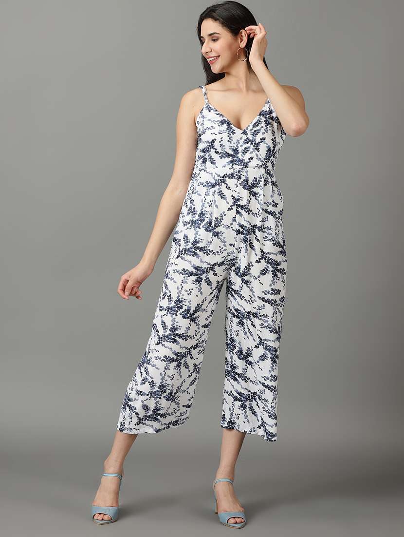 v neck floral printed 3/4 jumpsuit