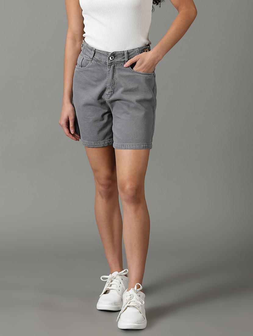 mid rise solid denim shorts - 19621874 - Zoom Image - 0