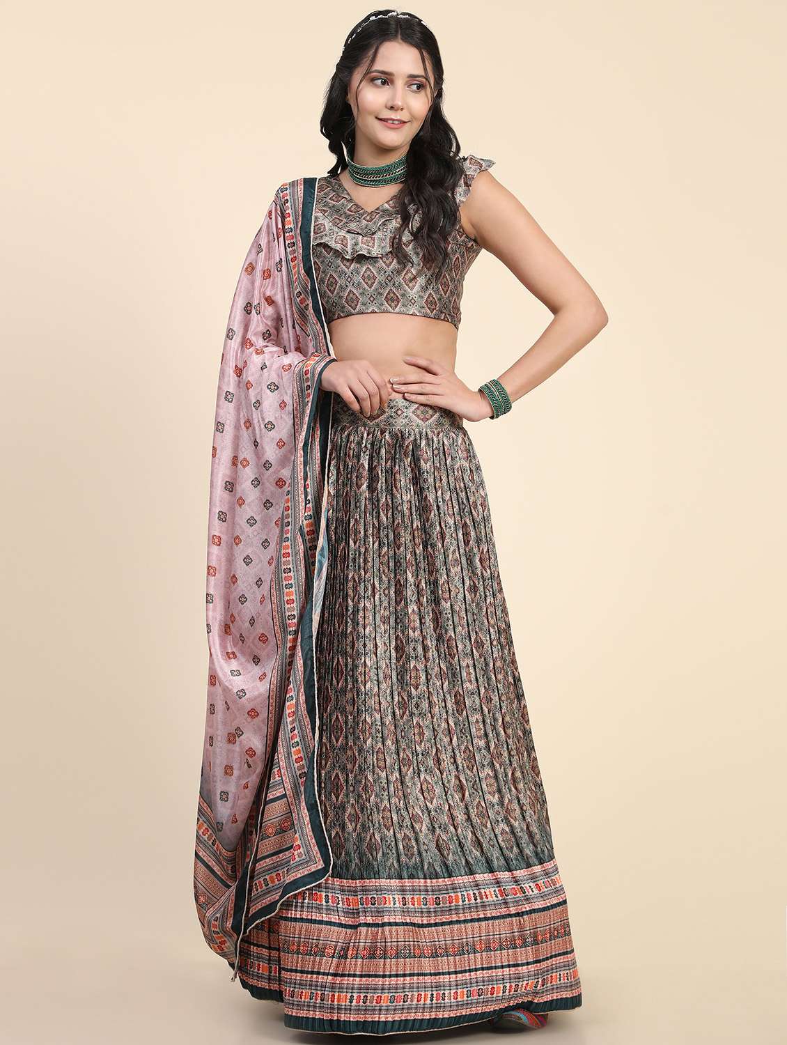 printed flared semi stitched lehenga