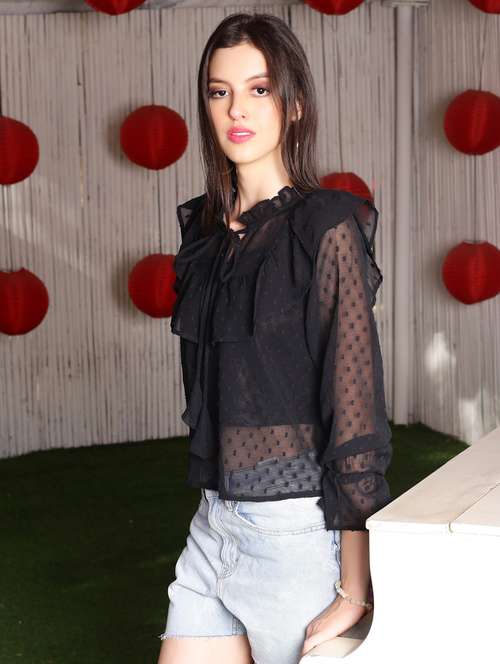 women's ruffle tie-up neck top - 19624665 - Standard Image - 0